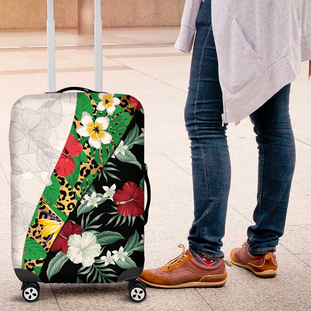 Hawaiian Tropical Flowers and Leaves Luggage Cover on Leopard Pattern Half Style White-Black Version LT03 White - Polynesian Pride
