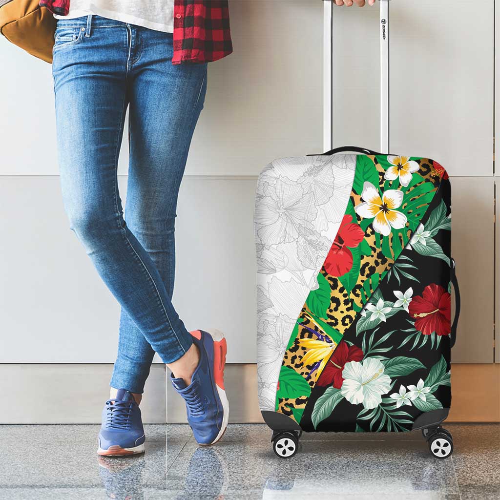 Hawaiian Tropical Flowers and Leaves Luggage Cover on Leopard Pattern Half Style White-Black Version LT03 - Polynesian Pride