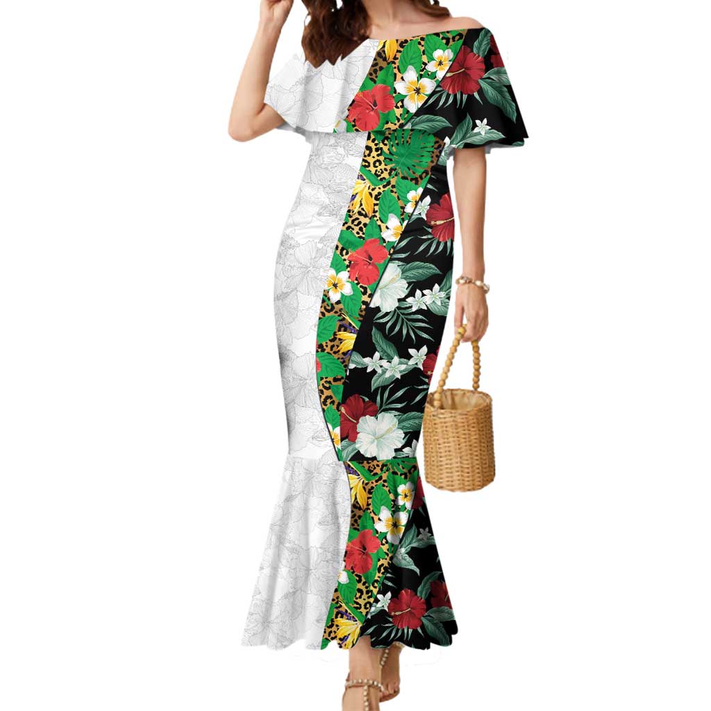 Hawaiian Tropical Flowers and Leaves Mermaid Dress on Leopard Pattern Half Style White-Black Version LT03 Women White - Polynesian Pride