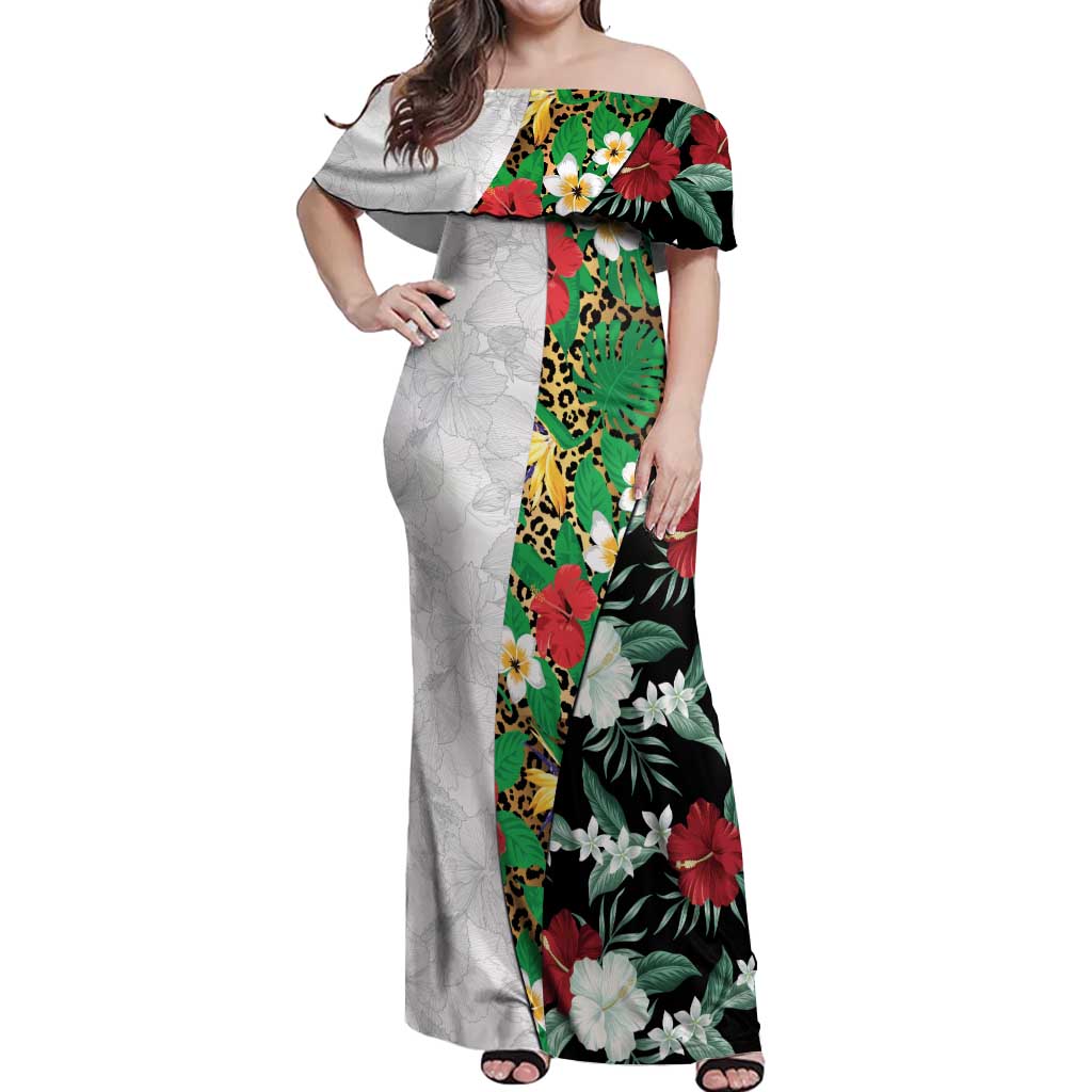 Hawaiian Tropical Flowers and Leaves Off Shoulder Maxi Dress on Leopard Pattern Half Style White-Black Version LT03 Women White - Polynesian Pride