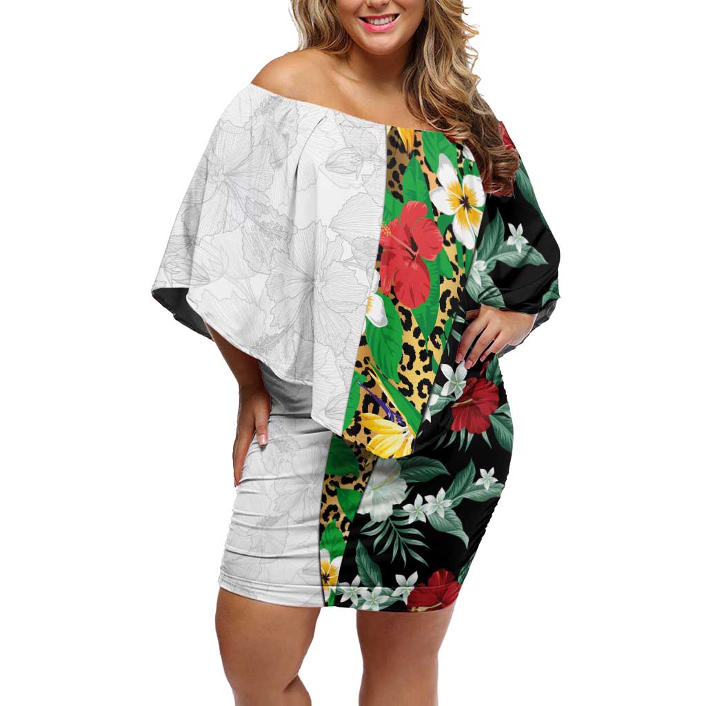 Hawaiian Tropical Flowers and Leaves Off Shoulder Short Dress on Leopard Pattern Half Style White-Black Version LT03 Women White - Polynesian Pride