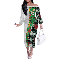 Hawaiian Tropical Flowers and Leaves Off The Shoulder Long Sleeve Dress on Leopard Pattern Half Style White-Black Version LT03 Women White - Polynesian Pride