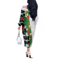 Hawaiian Tropical Flowers and Leaves Off The Shoulder Long Sleeve Dress on Leopard Pattern Half Style White-Black Version LT03 - Polynesian Pride