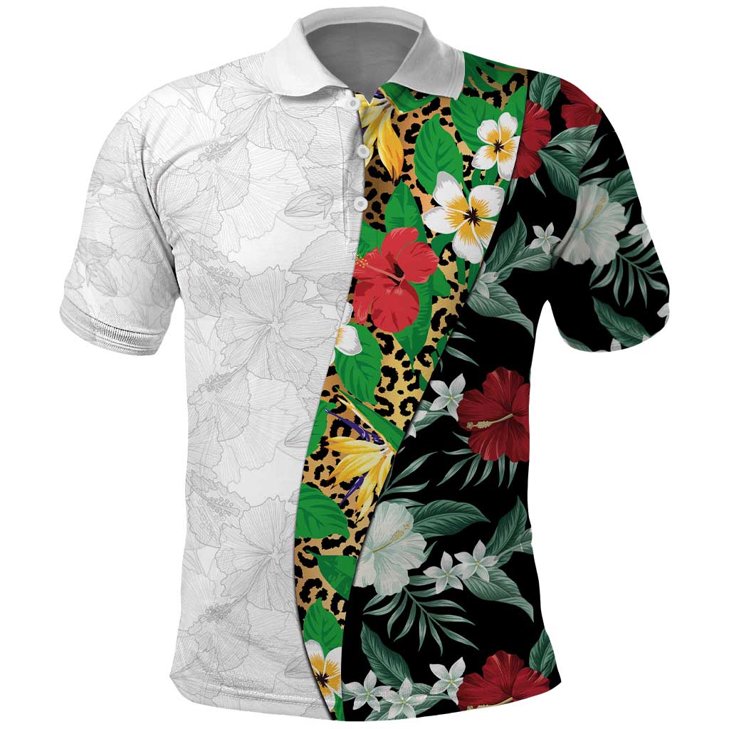 Hawaiian Tropical Flowers and Leaves Polo Shirt on Leopard Pattern Half Style White-Black Version LT03 White - Polynesian Pride