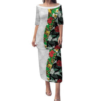 Hawaiian Tropical Flowers and Leaves Puletasi on Leopard Pattern Half Style White-Black Version LT03 Long Dress White - Polynesian Pride