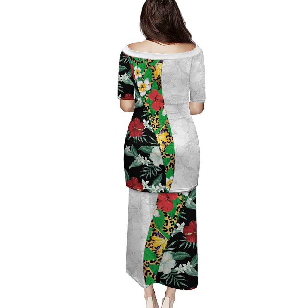 Hawaiian Tropical Flowers and Leaves Puletasi on Leopard Pattern Half Style White-Black Version LT03 - Polynesian Pride