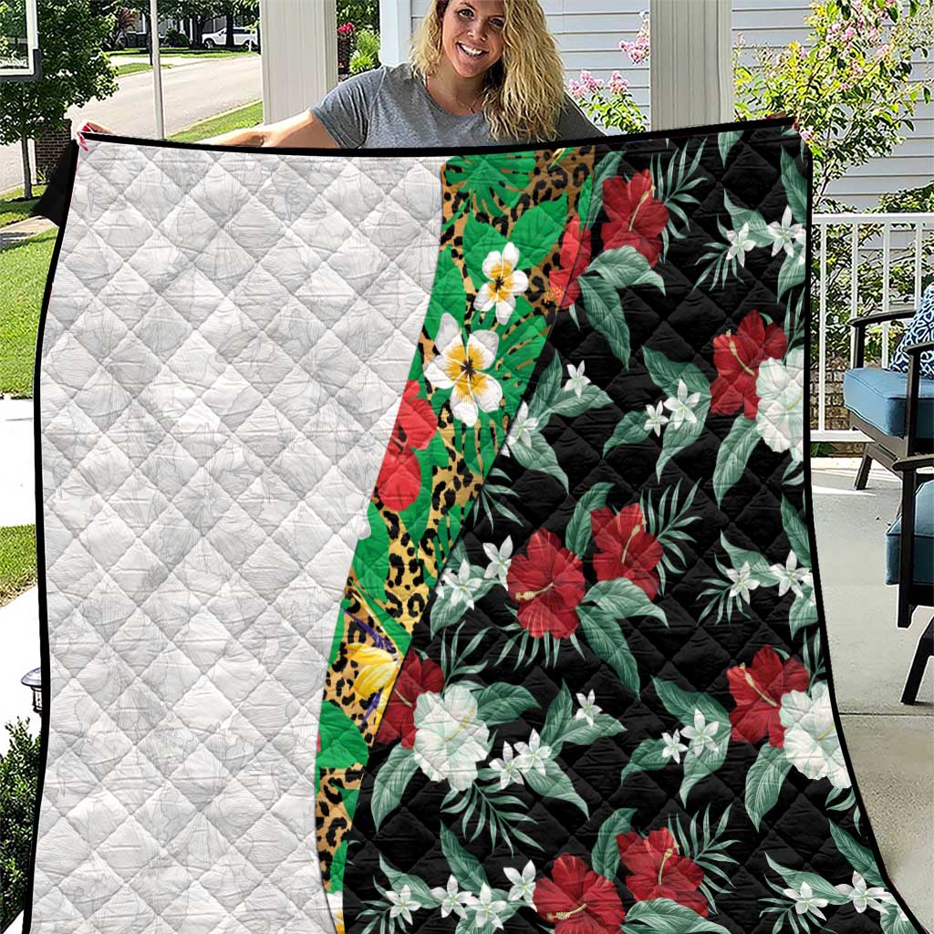 Hawaiian Tropical Flowers and Leaves Quilt on Leopard Pattern Half Style White-Black Version LT03 White - Polynesian Pride