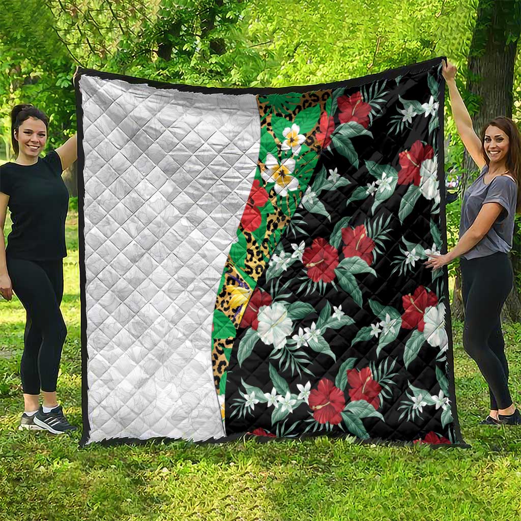 Hawaiian Tropical Flowers and Leaves Quilt on Leopard Pattern Half Style White-Black Version LT03 - Polynesian Pride