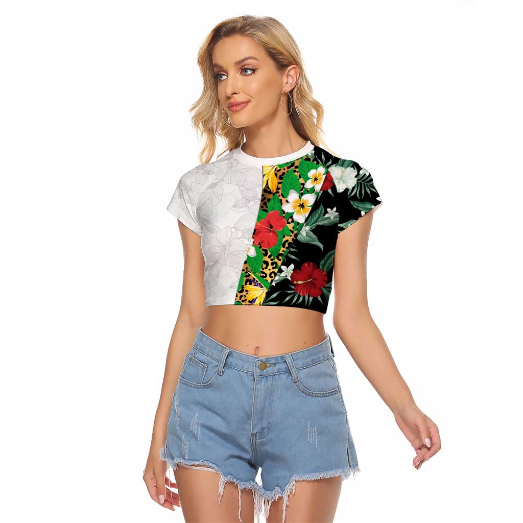 Hawaiian Tropical Flowers and Leaves Raglan Cropped T Shirt on Leopard Pattern Half Style White-Black Version LT03 Female White - Polynesian Pride