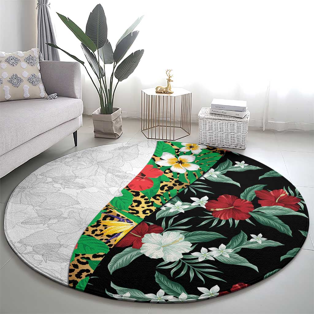 Hawaiian Tropical Flowers and Leaves Round Carpet on Leopard Pattern Half Style White-Black Version LT03 - Polynesian Pride