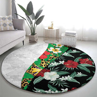 Hawaiian Tropical Flowers and Leaves Round Carpet on Leopard Pattern Half Style White-Black Version LT03 - Polynesian Pride