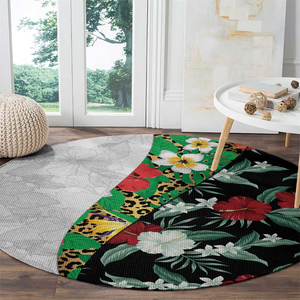 Hawaiian Tropical Flowers and Leaves Round Carpet on Leopard Pattern Half Style White-Black Version LT03 - Polynesian Pride
