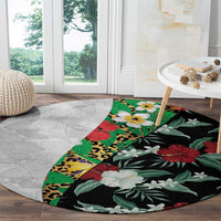 Hawaiian Tropical Flowers and Leaves Round Carpet on Leopard Pattern Half Style White-Black Version LT03 - Polynesian Pride
