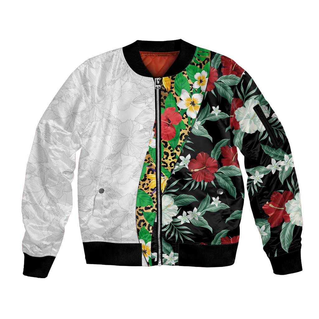 Hawaiian Tropical Flowers and Leaves Sleeve Zip Bomber Jacket on Leopard Pattern Half Style White-Black Version LT03 Unisex White - Polynesian Pride