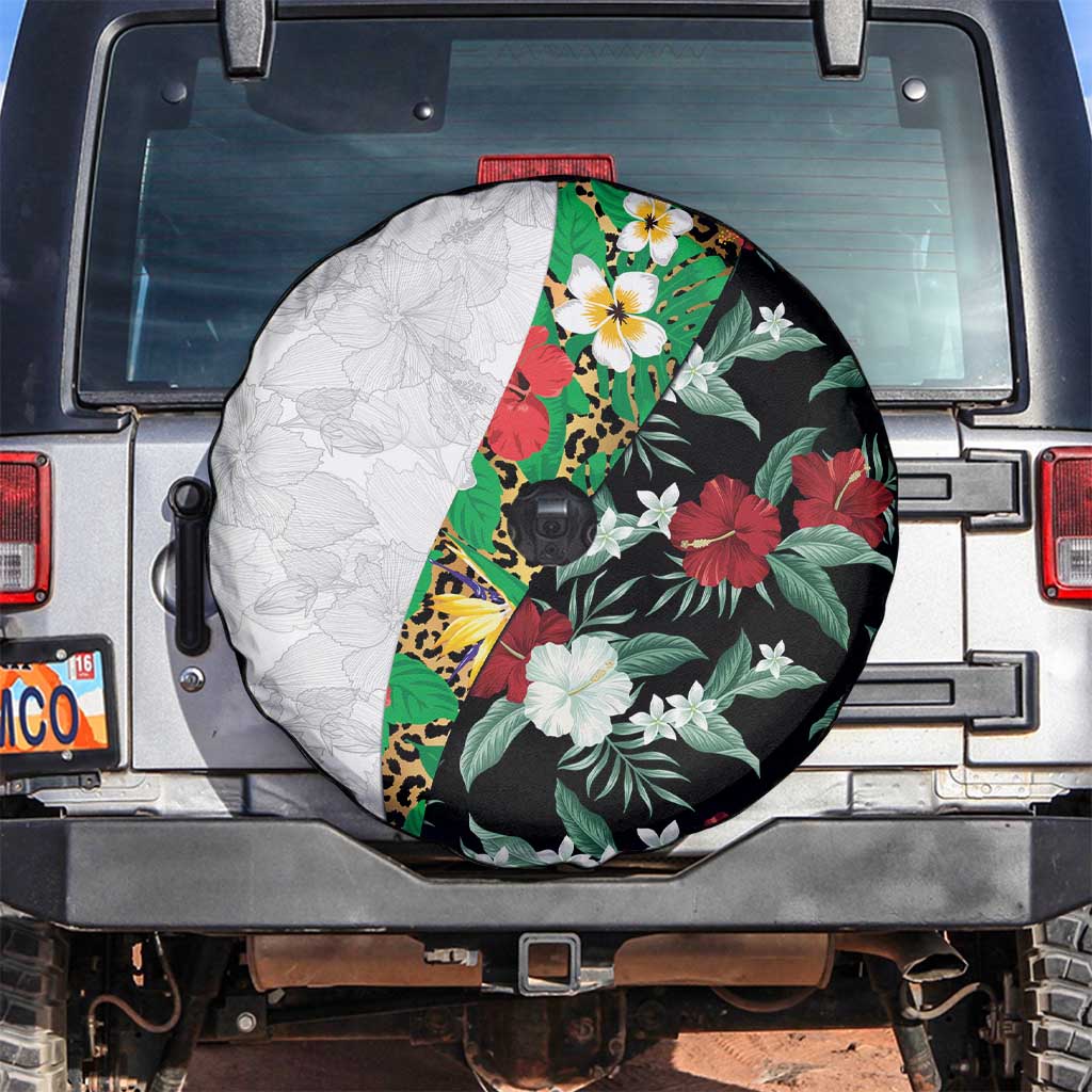 Hawaiian Tropical Flowers and Leaves Spare Tire Cover on Leopard Pattern Half Style White-Black Version LT03 White - Polynesian Pride