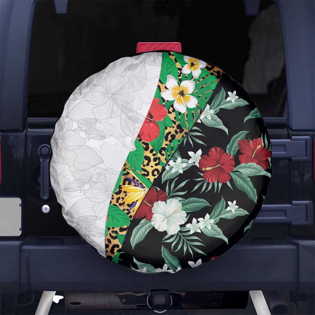 Hawaiian Tropical Flowers and Leaves Spare Tire Cover on Leopard Pattern Half Style White-Black Version LT03 No hole White - Polynesian Pride