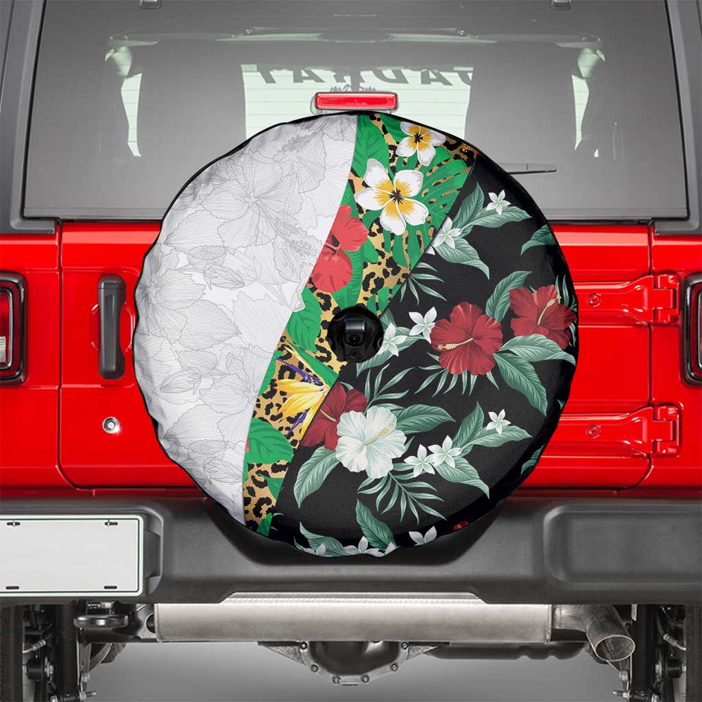 Hawaiian Tropical Flowers and Leaves Spare Tire Cover on Leopard Pattern Half Style White-Black Version LT03 - Polynesian Pride