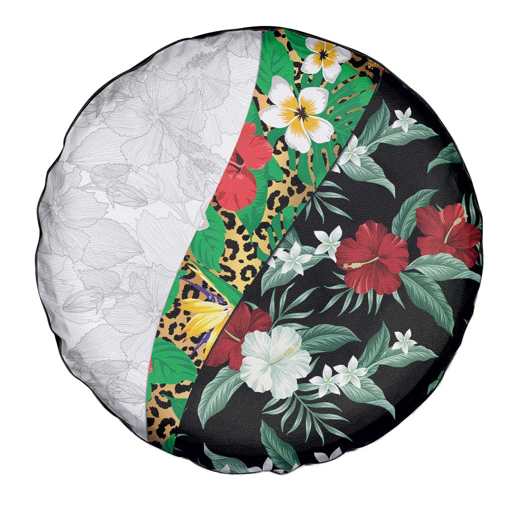 Hawaiian Tropical Flowers and Leaves Spare Tire Cover on Leopard Pattern Half Style White-Black Version LT03 - Polynesian Pride