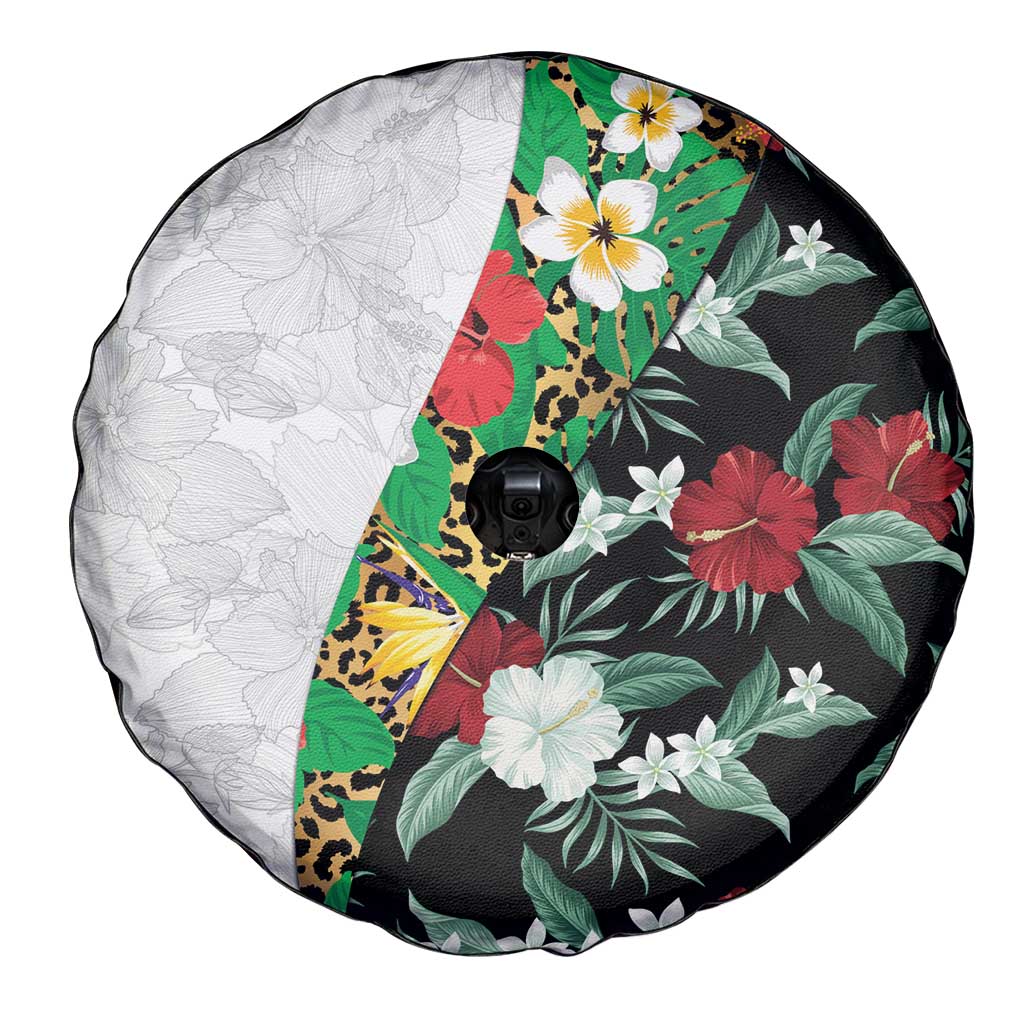 Hawaiian Tropical Flowers and Leaves Spare Tire Cover on Leopard Pattern Half Style White-Black Version LT03 - Polynesian Pride