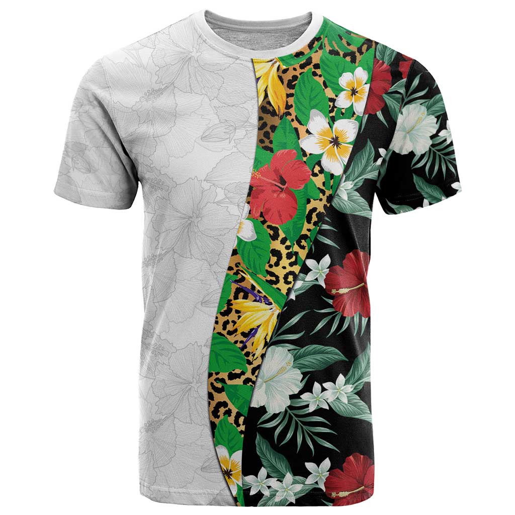 Hawaiian Tropical Flowers and Leaves T Shirt on Leopard Pattern Half Style White-Black Version LT03 White - Polynesian Pride