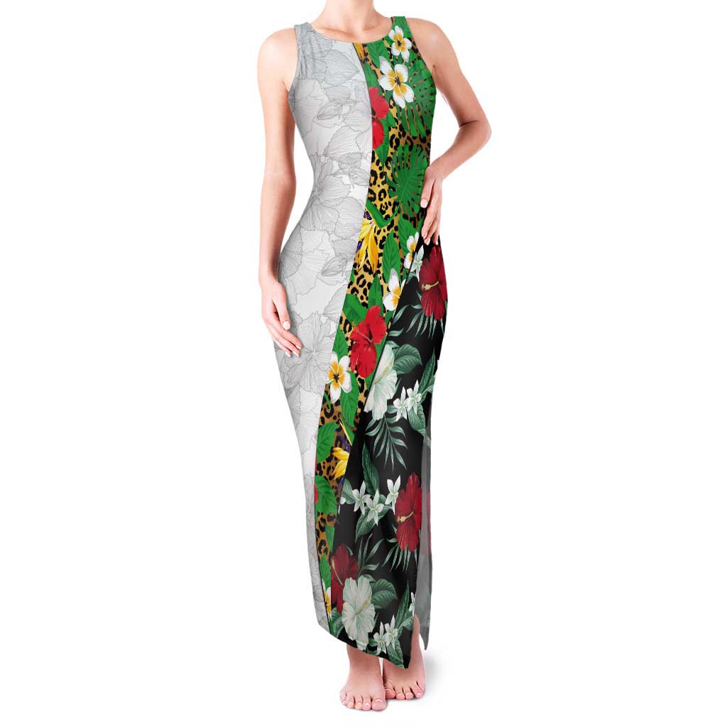 Hawaiian Tropical Flowers and Leaves Tank Maxi Dress on Leopard Pattern Half Style White-Black Version LT03 Women White - Polynesian Pride