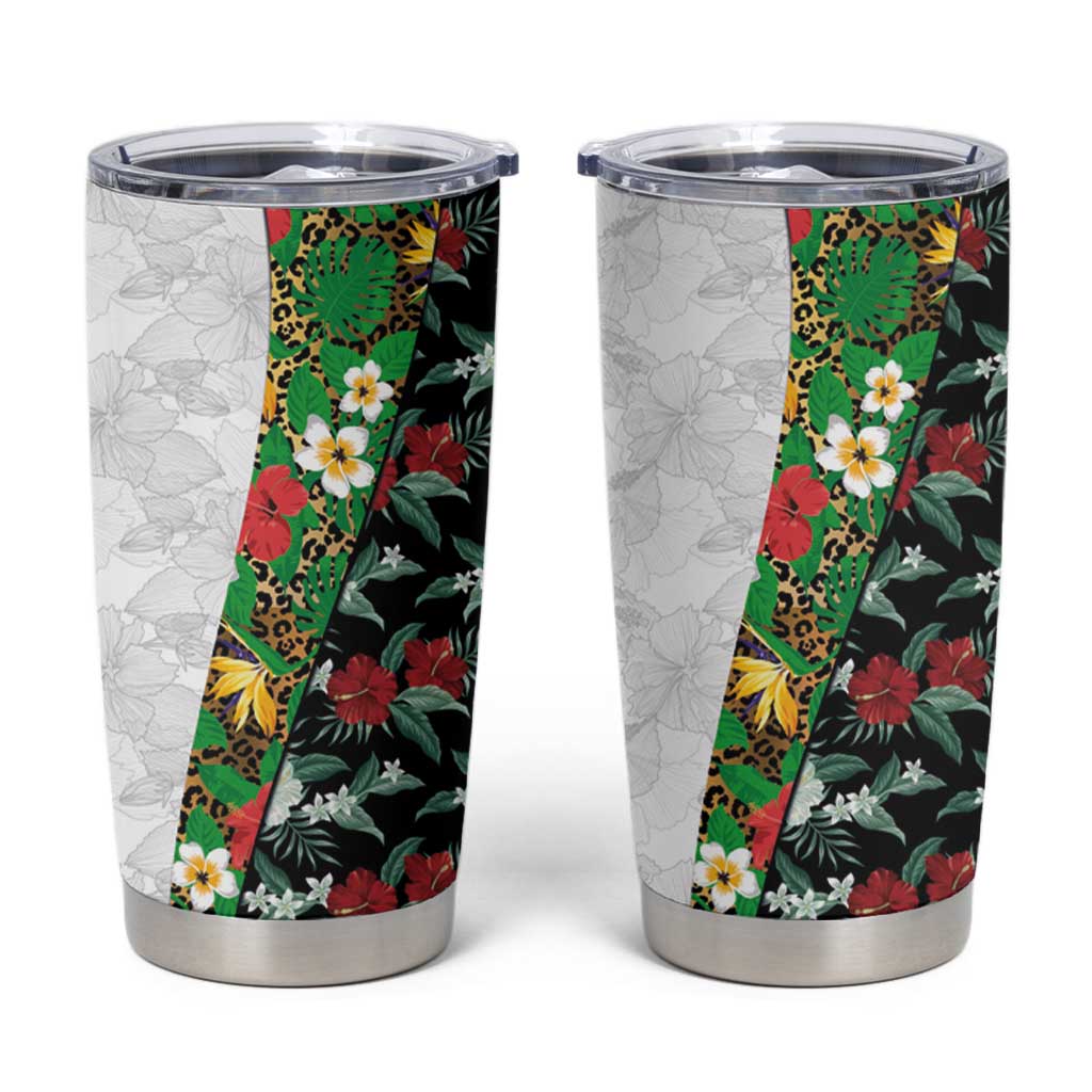 Hawaiian Tropical Flowers and Leaves Tumbler Cup on Leopard Pattern Half Style White-Black Version LT03 White - Polynesian Pride