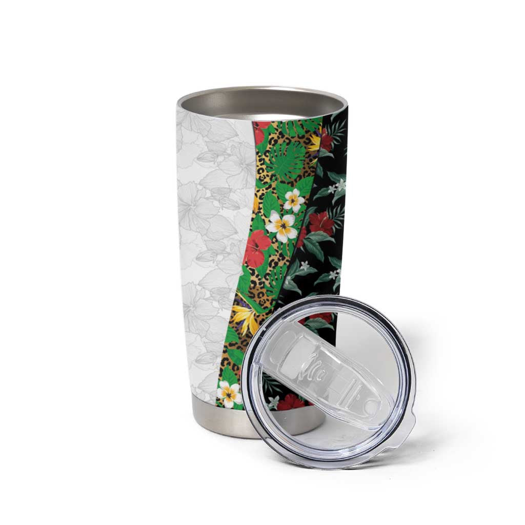 Hawaiian Tropical Flowers and Leaves Tumbler Cup on Leopard Pattern Half Style White-Black Version LT03 - Polynesian Pride