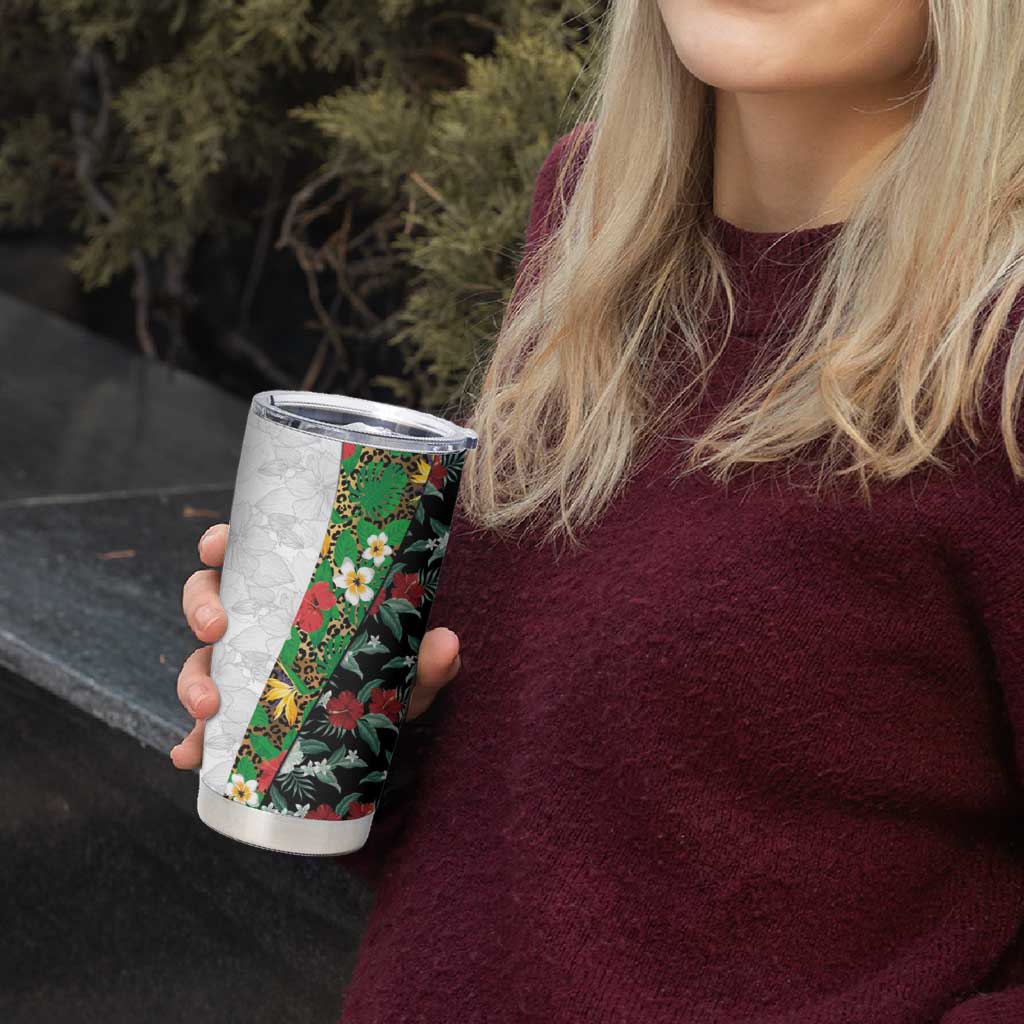 Hawaiian Tropical Flowers and Leaves Tumbler Cup on Leopard Pattern Half Style White-Black Version LT03 - Polynesian Pride