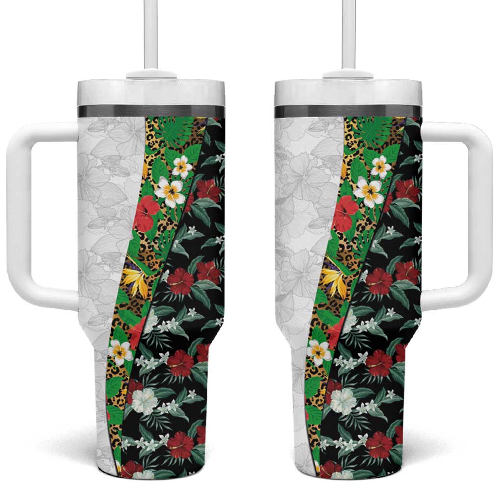 Hawaiian Tropical Flowers and Leaves Tumbler With Handle on Leopard Pattern Half Style White-Black Version LT03 One Size: 40 oz White - Polynesian Pride