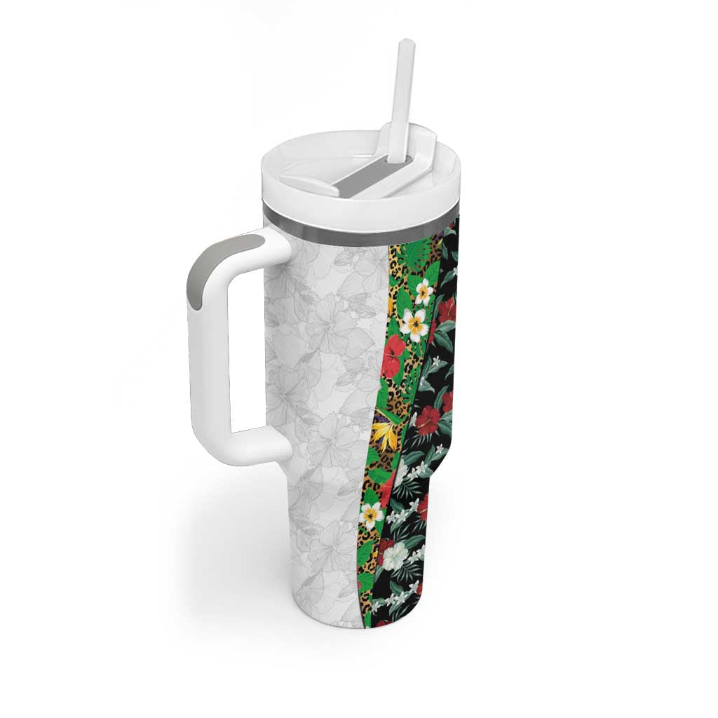 Hawaiian Tropical Flowers and Leaves Tumbler With Handle on Leopard Pattern Half Style White-Black Version LT03 - Polynesian Pride