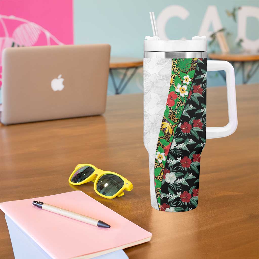 Hawaiian Tropical Flowers and Leaves Tumbler With Handle on Leopard Pattern Half Style White-Black Version LT03 - Polynesian Pride