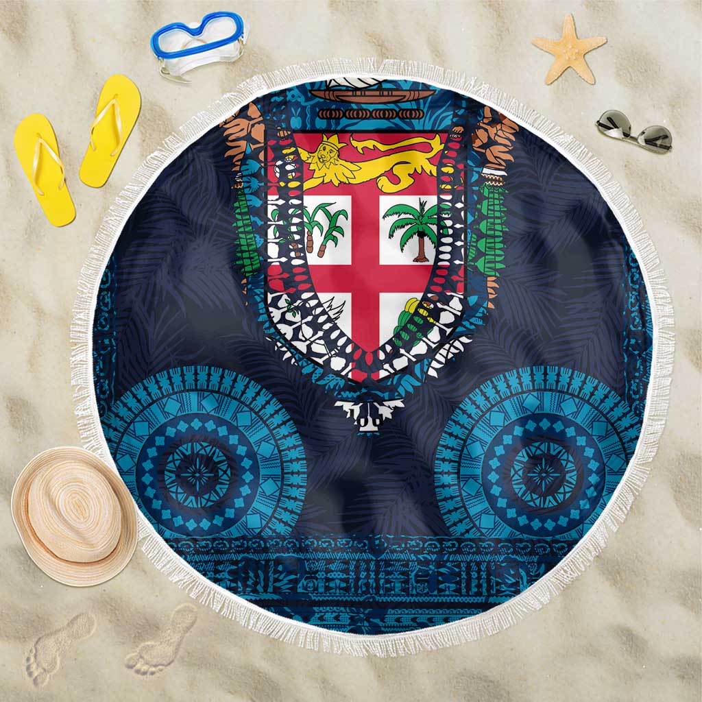 Fiji Coat of Arms Traditional Dashiki Beach Blanket Tapa Art and Palm Leaves Pattern Dark Navy Color LT03 One Size 150cm Navy - Polynesian Pride