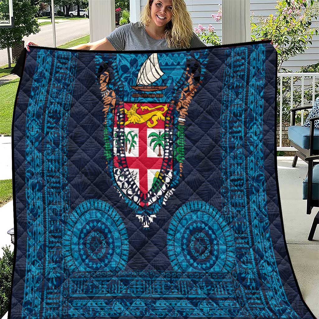 Fiji Coat of Arms Traditional Dashiki Quilt Tapa Art and Palm Leaves Pattern Dark Navy Color LT03 Navy - Polynesian Pride