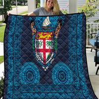 Fiji Coat of Arms Traditional Dashiki Quilt Tapa Art and Palm Leaves Pattern Dark Navy Color LT03 Navy - Polynesian Pride