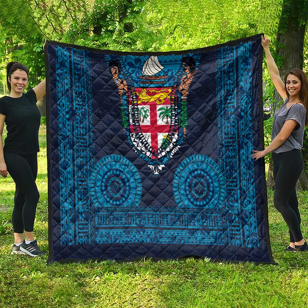 Fiji Coat of Arms Traditional Dashiki Quilt Tapa Art and Palm Leaves Pattern Dark Navy Color LT03 - Polynesian Pride