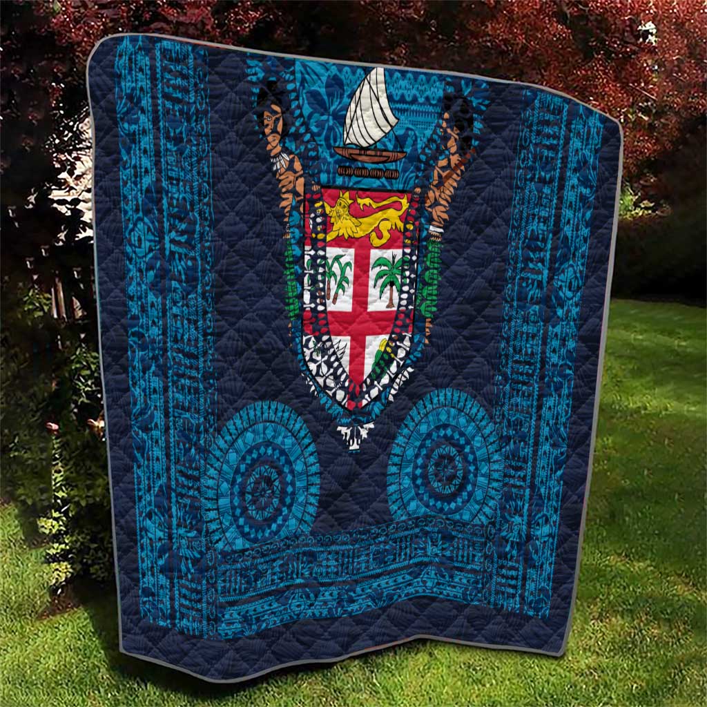 Fiji Coat of Arms Traditional Dashiki Quilt Tapa Art and Palm Leaves Pattern Dark Navy Color LT03 - Polynesian Pride