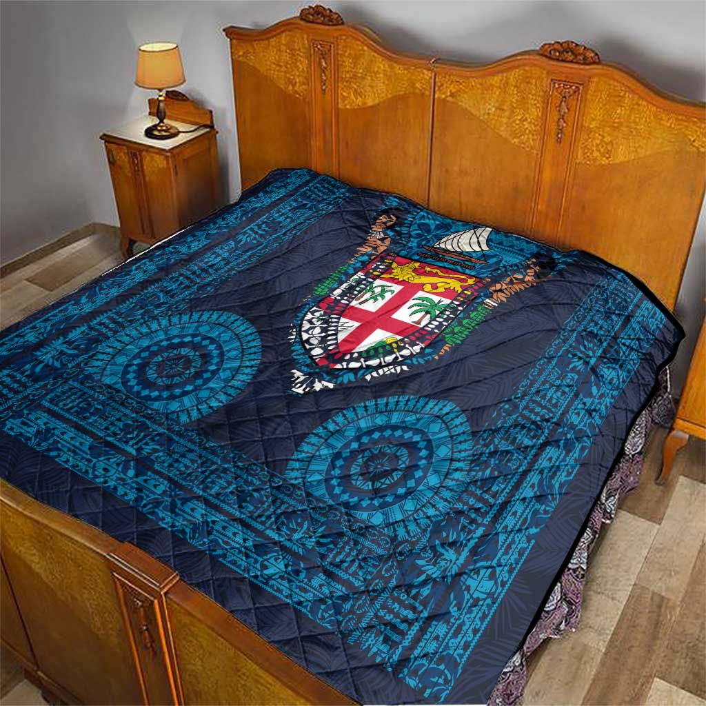 Fiji Coat of Arms Traditional Dashiki Quilt Tapa Art and Palm Leaves Pattern Dark Navy Color LT03 - Polynesian Pride