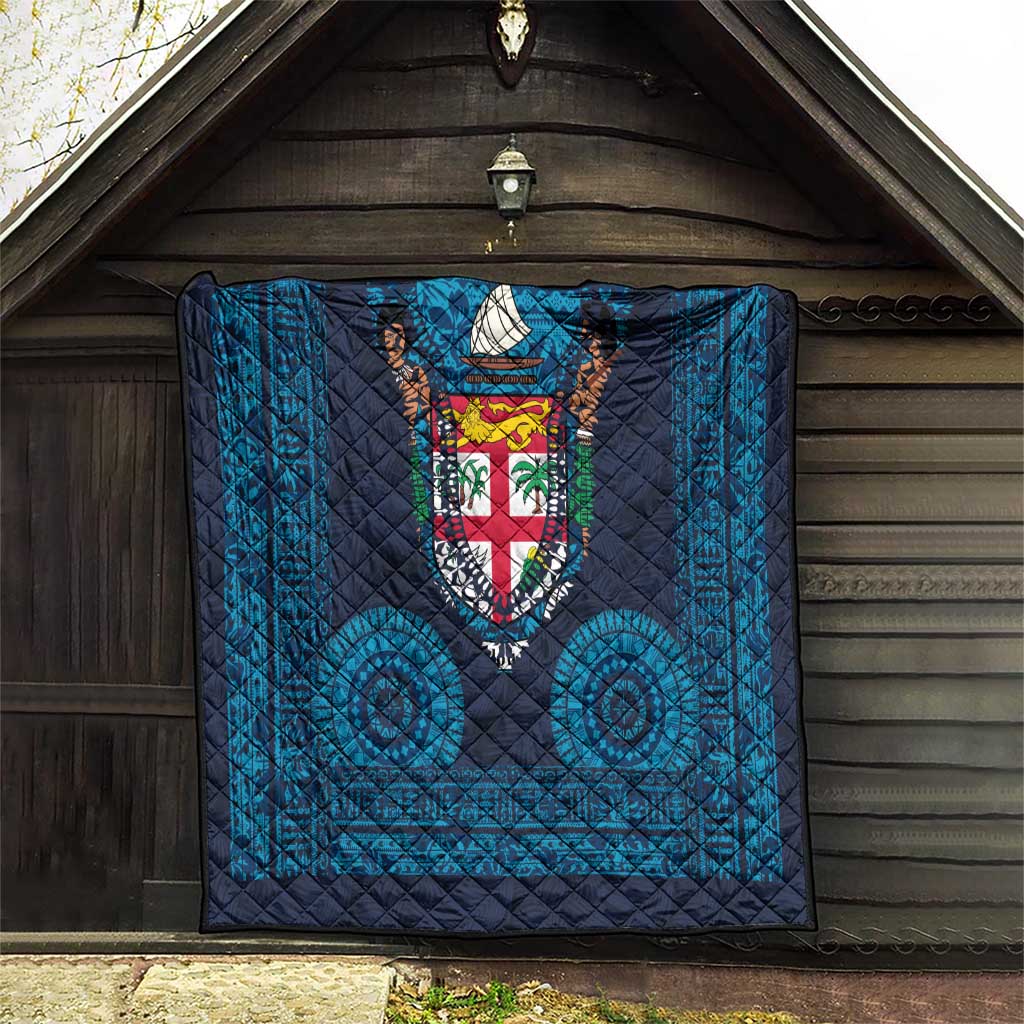 Fiji Coat of Arms Traditional Dashiki Quilt Tapa Art and Palm Leaves Pattern Dark Navy Color LT03 - Polynesian Pride