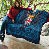 Fiji Coat of Arms Traditional Dashiki Quilt Tapa Art and Palm Leaves Pattern Dark Navy Color LT03 - Polynesian Pride