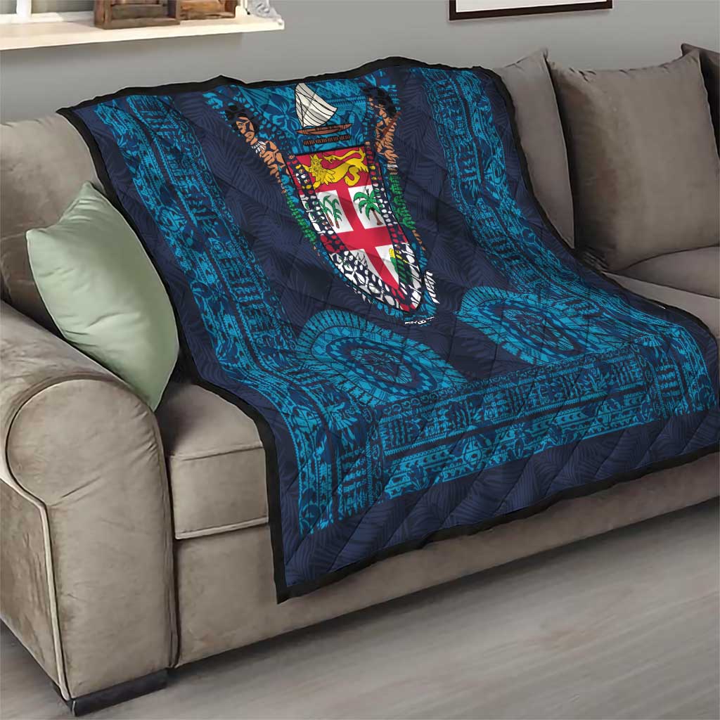 Fiji Coat of Arms Traditional Dashiki Quilt Tapa Art and Palm Leaves Pattern Dark Navy Color LT03 - Polynesian Pride