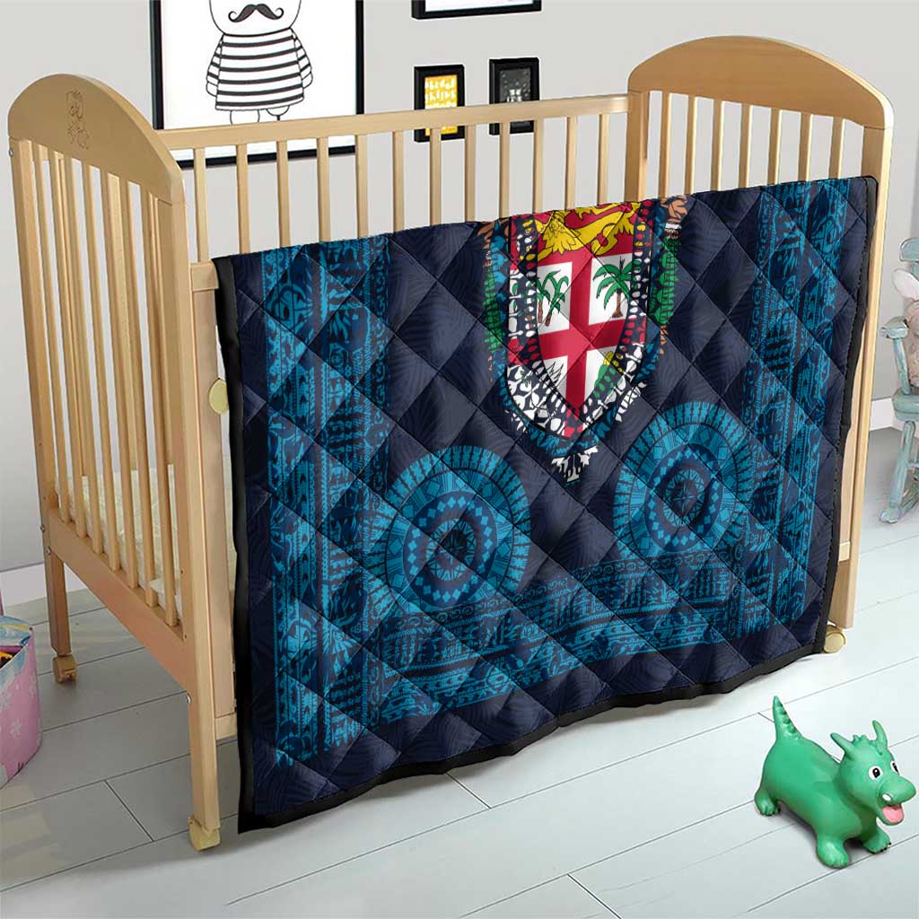 Fiji Coat of Arms Traditional Dashiki Quilt Tapa Art and Palm Leaves Pattern Dark Navy Color LT03 - Polynesian Pride