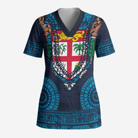 Fiji Coat of Arms Traditional Dashiki Scrub Top Tapa Art and Palm Leaves Pattern Dark Navy Color LT03 Adult Navy - Polynesian Pride