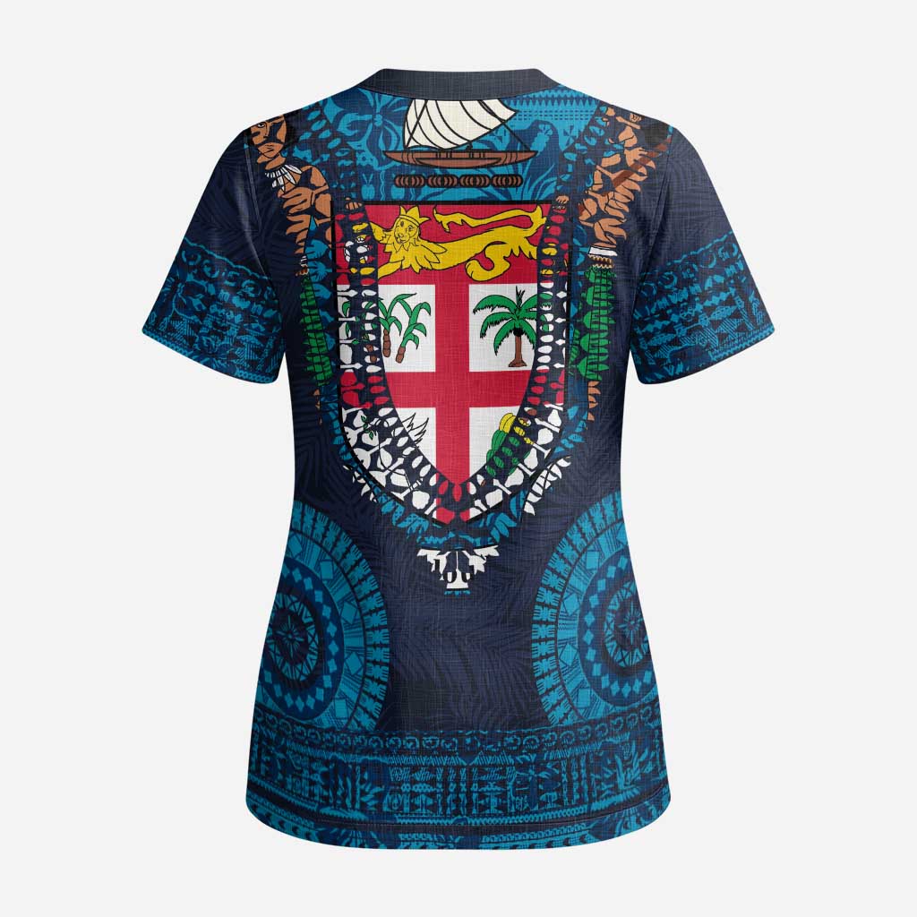 Fiji Coat of Arms Traditional Dashiki Scrub Top Tapa Art and Palm Leaves Pattern Dark Navy Color LT03 - Polynesian Pride