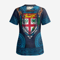 Fiji Coat of Arms Traditional Dashiki Scrub Top Tapa Art and Palm Leaves Pattern Dark Navy Color LT03 - Polynesian Pride