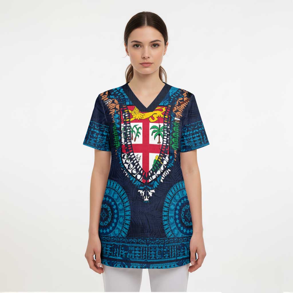 Fiji Coat of Arms Traditional Dashiki Scrub Top Tapa Art and Palm Leaves Pattern Dark Navy Color LT03 - Polynesian Pride