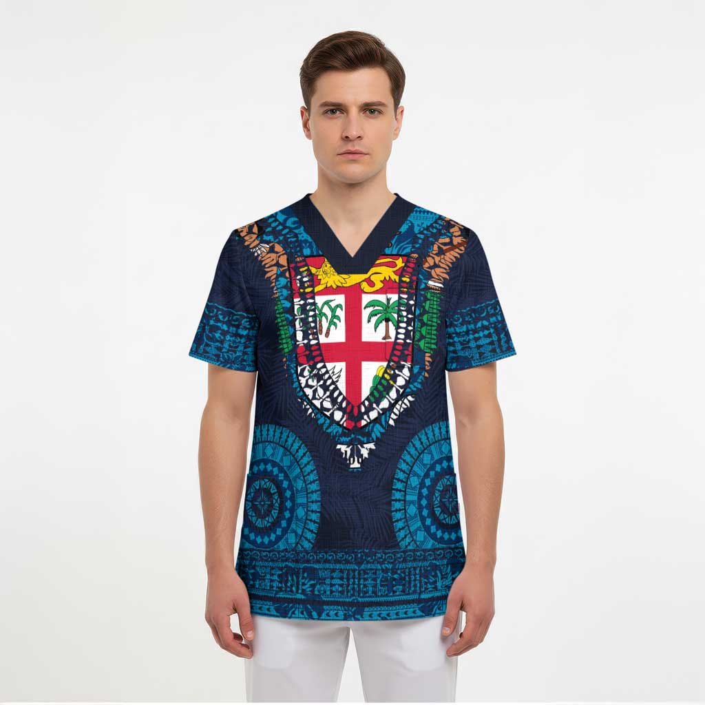 Fiji Coat of Arms Traditional Dashiki Scrub Top Tapa Art and Palm Leaves Pattern Dark Navy Color LT03 - Polynesian Pride