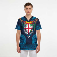 Fiji Coat of Arms Traditional Dashiki Scrub Top Tapa Art and Palm Leaves Pattern Dark Navy Color LT03 - Polynesian Pride