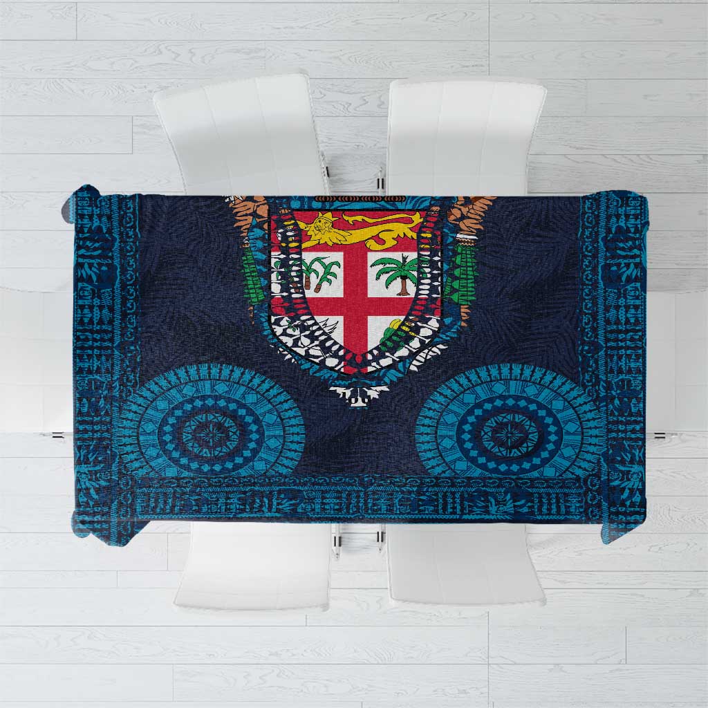 Fiji Coat of Arms Traditional Dashiki Tablecloth Tapa Art and Palm Leaves Pattern Dark Navy Color LT03 Navy - Polynesian Pride