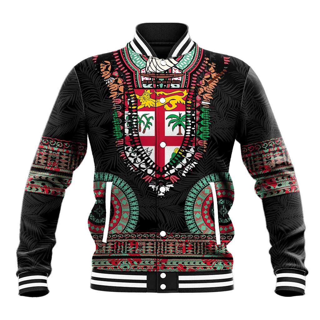 Fiji Coat of Arms Traditional Dashiki Baseball Jacket Tapa Art and Palm Leaves Pattern Black Color LT03 Unisex Black - Polynesian Pride