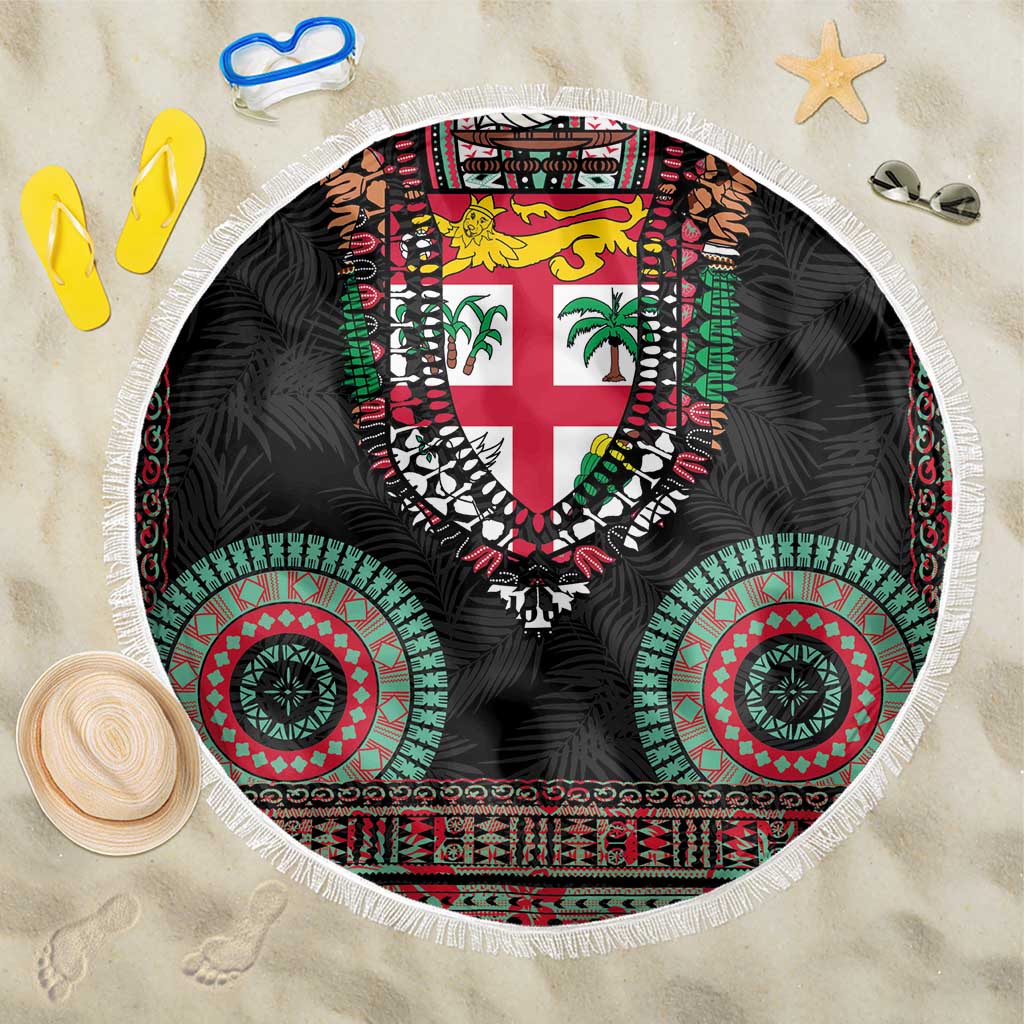 Fiji Coat of Arms Traditional Dashiki Beach Blanket Tapa Art and Palm Leaves Pattern Black Color LT03 One Size 150cm Black - Polynesian Pride